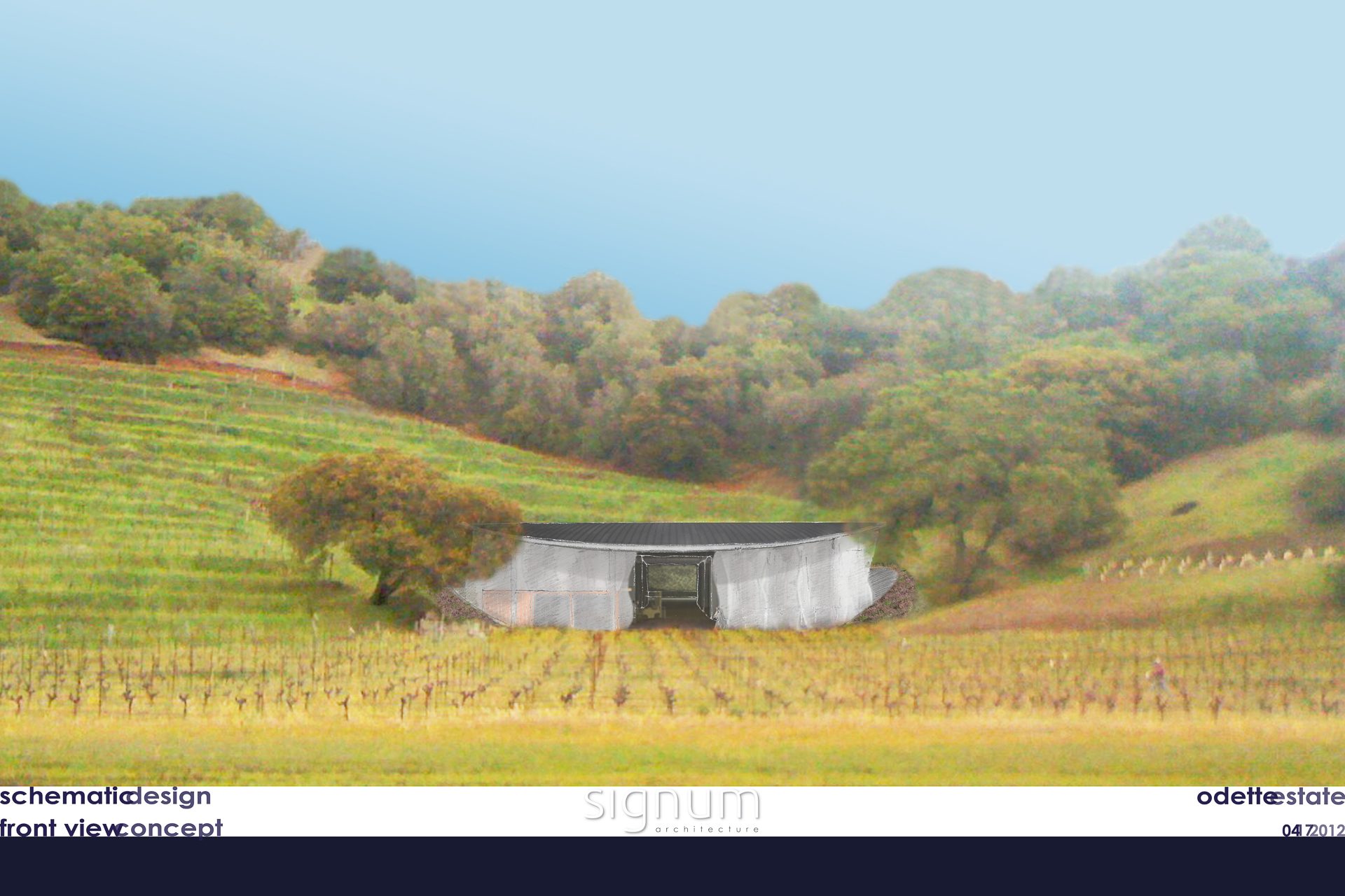 正面概念图,Odette庄园酿酒厂生产设施。©Signum Architecture,LLP